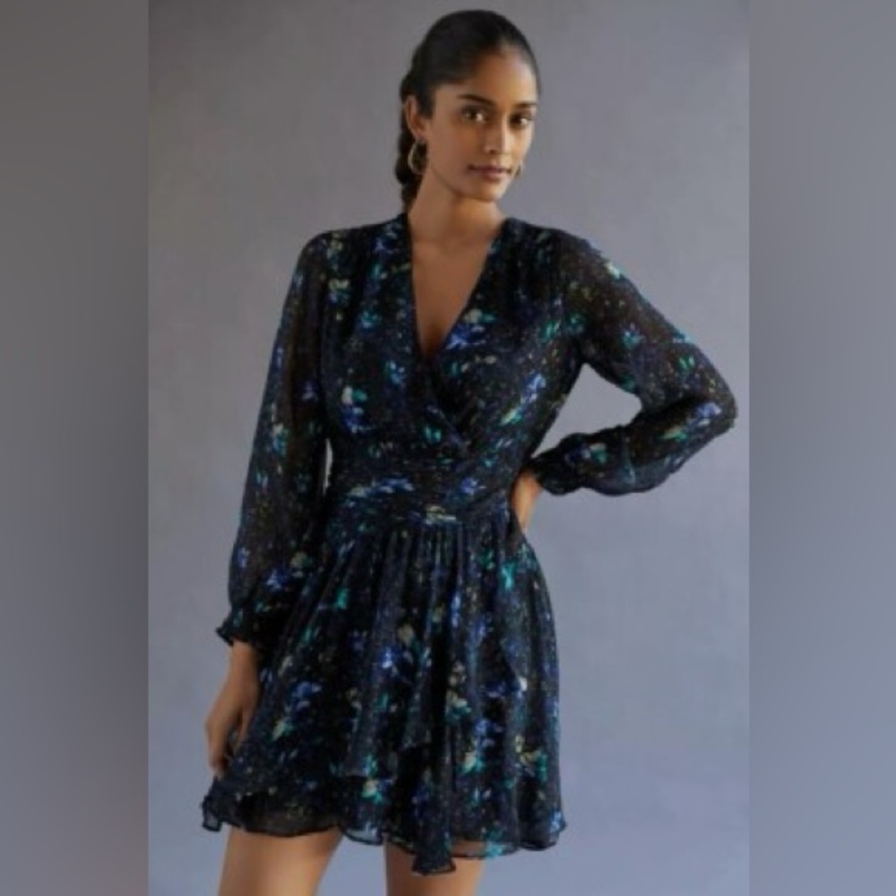 Anthropologie Blue Floral Long Sleeve V Neck Ruched Flowy Mini Boho Dress - Picture 14 of 14